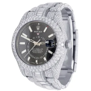 Rolex Sky Dweller Baguette & Round VVS Diamond Men Watch, Black 42mm Dial White Gold Plated Stainless Steel Men Watch For Gift, Fully Iced Out Birthday Gift Watch For Him