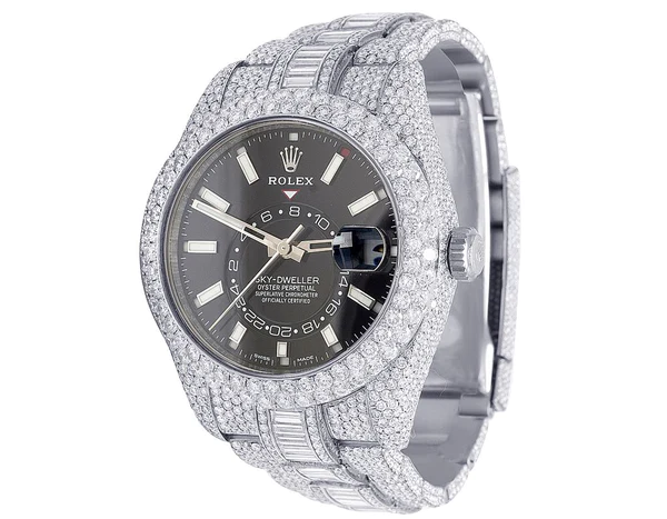 Rolex Sky Dweller Baguette & Round VVS Diamond Men Watch, Black 42mm Dial White Gold Plated Stainless Steel Men Watch For Gift, Fully Iced Out Birthday Gift Watch For Him