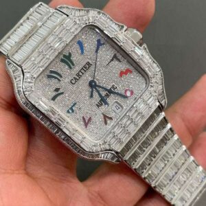Cartier Santos Round & Baguette VVS Diamond Men Watch, Stainless Steel White Gold Plated Men Watch For Birthday Gift