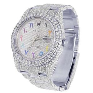 Rolex Datejust Jubilee VVS Diamond Men Watch, Black 36mm Dial White Gold Plated Stainless Steel Men Watch For Gift, Fully Iced Out Arabic Birthday Gift Watch For Him