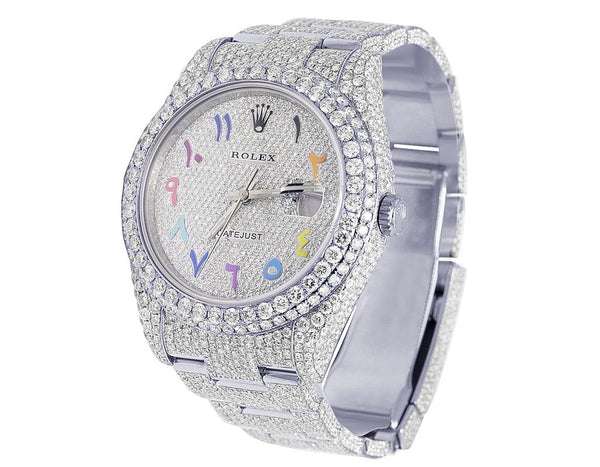 Rolex Datejust Jubilee VVS Diamond Men Watch, Black 36mm Dial White Gold Plated Stainless Steel Men Watch For Gift, Fully Iced Out Arabic Birthday Gift Watch For Him