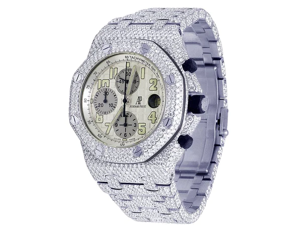 Audemars Piguet Full Iced Out VVS Diamond Men Watch, Stainless Steel All Chronograph Working White Gold Plated 42mm Men Watch