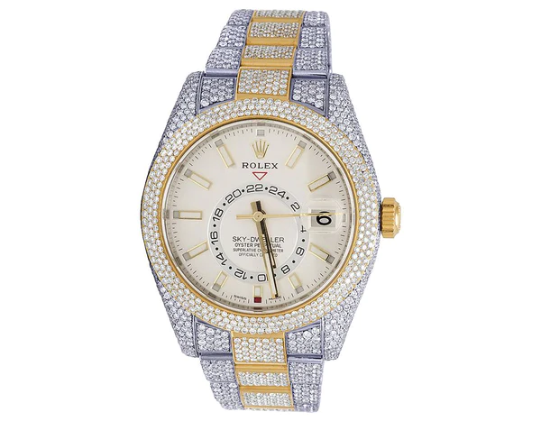 Rolex Sky Dweller Round VVS Diamond Men Watch, 42mm Dial Yellow & White Gold 2 Tone Plated Stainless Steel Men Watch For Gift, Fully Iced Out Birthday Gift Watch For Him