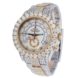 Rolex Yatch Master Round VVS Diamond Iced Out Men Watch, White 42mm Dial Rose & White Gold 2 Tone Plated Stainless Steel Men Watch For Gift, Fully Iced Out Birthday Gift Watch For Him