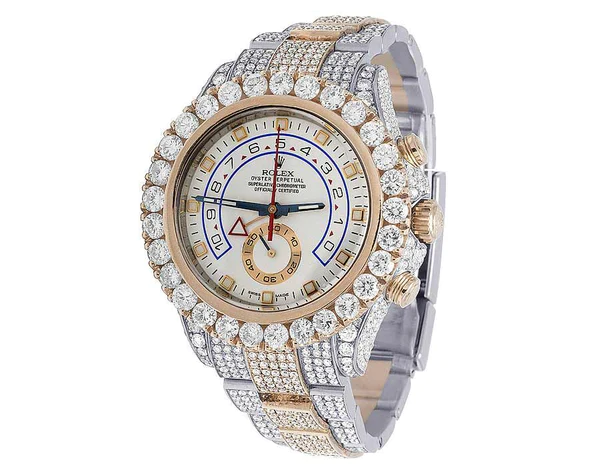 Rolex Yatch Master Round VVS Diamond Iced Out Men Watch, White 42mm Dial Rose & White Gold 2 Tone Plated Stainless Steel Men Watch For Gift, Fully Iced Out Birthday Gift Watch For Him