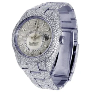 Rolex Sky Dweller Round VVS Diamond Men Watch, 42mm Dial White Gold Plated Stainless Steel Men Watch For Gift, Fully Iced Out Birthday Gift Watch For Him