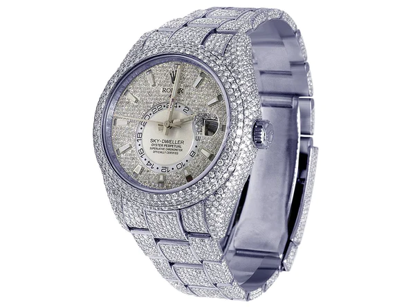 Rolex Sky Dweller Round VVS Diamond Men Watch, 42mm Dial White Gold Plated Stainless Steel Men Watch For Gift, Fully Iced Out Birthday Gift Watch For Him