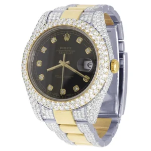 Rolex Jubilee Datejust Round VVS Diamond Men Watch, Black 40mm Dial Yellow & White Gold 2 Tone Plated Stainless Steel Men Watch For Gift, Fully Iced Out Birthday Gift Watch For Him