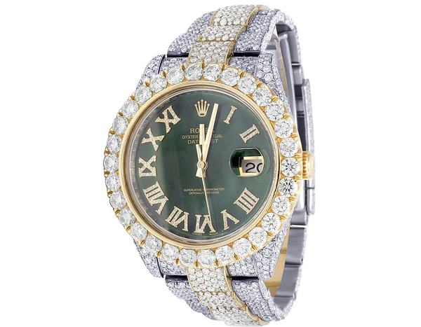 Rolex Datejust Presidential VVS Diamond Men Watch, Green 41mm Dial White Gold Plated Stainless Steel Men Watch For Gift, Fully Iced Out Birthday Gift Watch For Him