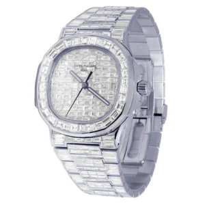 Patek Philippe Baguette VVS Diamond Men Automatic Watch, White Gold Plated Men Watch For Birthday Gift