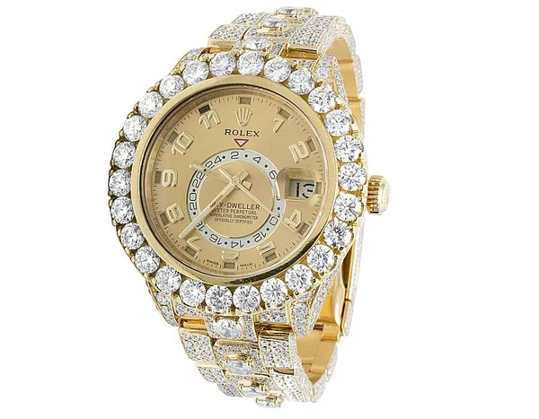 Rolex Sky Dweller Round VVS Diamond Men Watch, Gold 42mm Dial Yellow Gold Plated Stainless Steel Men Watch For Gift, Fully Iced Out Birthday Gift Watch For Him