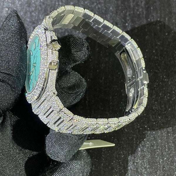 Patek Philippe Tiffany Geneve Round VVS Diamond Men Automatic Watch, White Gold Plated Men Watch,Diamond Tester Pass Moissanite Diamond Watch