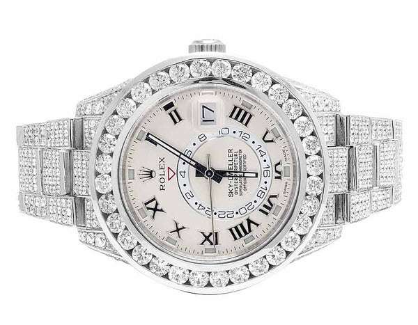 Rolex Sky Dweller Round VVS Diamond Men Watch, White 42mm Dial White Gold Plated Stainless Steel Men Watch For Gift, Fully Iced Out Birthday Gift Watch For Him