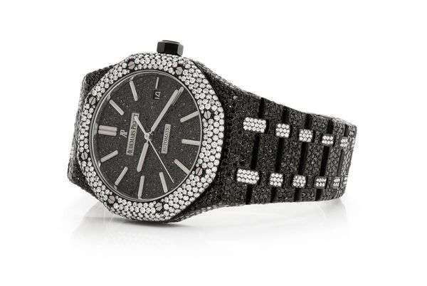 Audemars Piguet Full Iced Out Black And White VVS Diamond Men Watch, Stainless Steel Black Gold Plated 42mm Men Watch