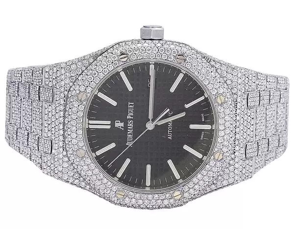 Audemars Piguet Full Iced Out VVS Moissanite Diamond Men Watch, Stainless Steel White Gold Black Face 42mm Men Watch