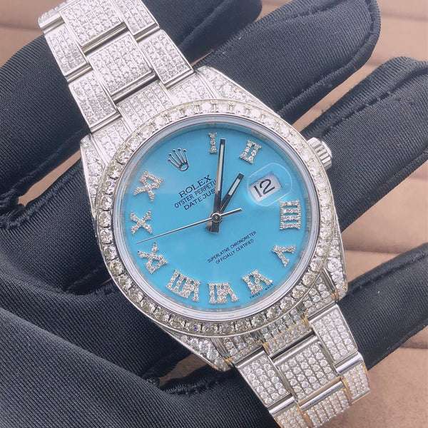 Rolex Datejust Turquoise VVS Diamond Iced Out Men Watch, 41mm Dial White Gold Plated Stainless Steel Men Watch For Gift, Fully Iced Out Birthday Gift Watch For Him