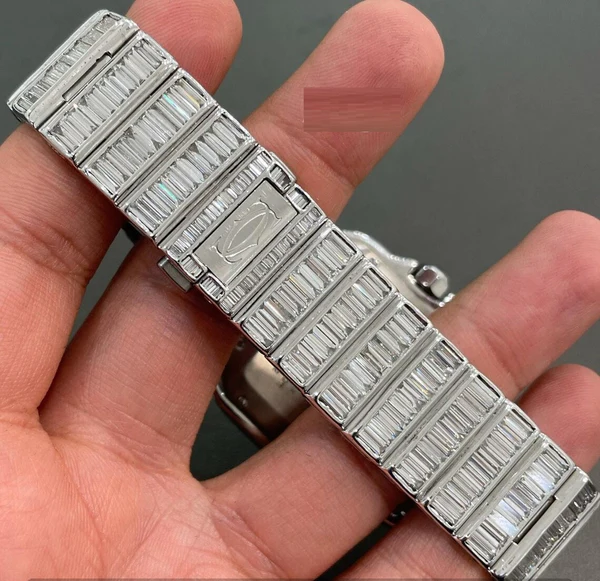 Cartier Santos Round & Baguette VVS Diamond Men Watch, Stainless Steel White Gold Plated Men Watch For Birthday Gift