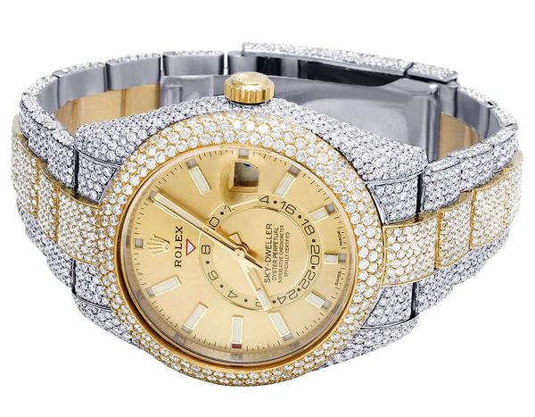 Rolex Sky Dweller Round VVS Diamond Men Watch, 42mm Dial Yellow & White Gold 2 Tone Plated Stainless Steel Men Watch For Gift, Fully Iced Out Birthday Gift Watch For Him