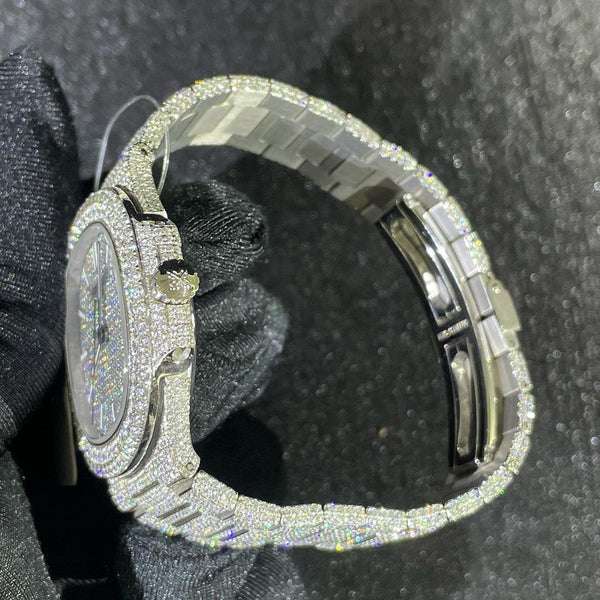 Patek Philippe Geneve Round VVS Diamond Men Automatic Watch, White Gold Plated Men Watch For Birthday Gift