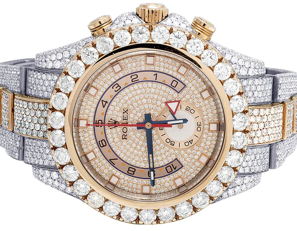 Rolex Yatch Master Round VVS Diamond Iced Out Men Watch, White 42mm Dial Rose & White Gold 2 Tone Plated Stainless Steel Men Watch For Gift, Fully Iced Out Birthday Gift Watch For Him