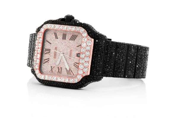 Cartier Santos Black And White VVS Diamond Men Watch, Stainless Steel Black & Rose Gold Plated Men Watch For Birthday Gift