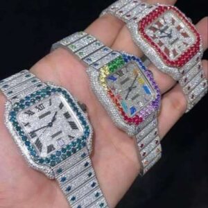 Cartier Santos VVS Diamond Men Watch, Stainless Steel White Gold Plated Men Watch For Birthday Gift