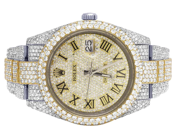 Rolex Datejust Round VVS Diamond Men Watch, 40mm Dial Yellow & White Gold 2 Tone Plated Stainless Steel Men Watch For Gift, Fully Iced Out Roman Birthday Gift Watch For Him