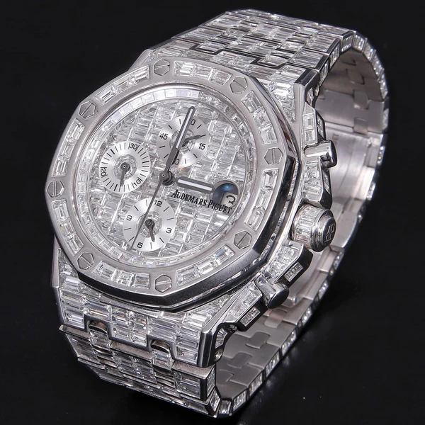 2_4fe2fa79-e9f0-4350-ae19-11796b000634_600x600 Audemars Piguet Full Iced Out VVS Baguette Diamond Men Watch, Stainless Steel All Chronology Working White Gold Plated 42mm Men Watch