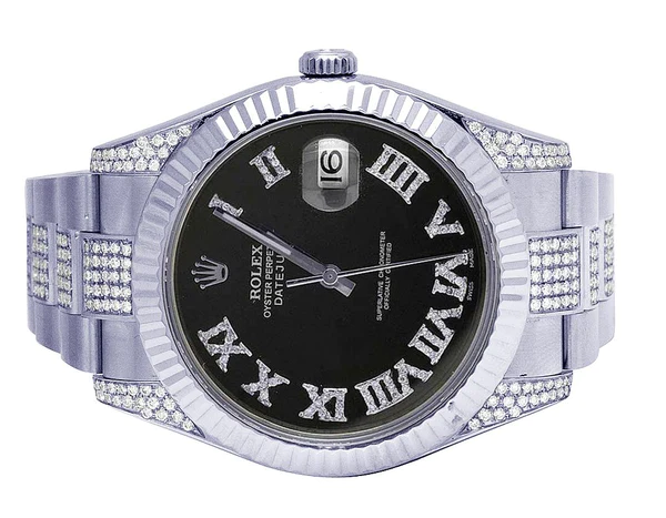 Rolex Datejust Round VVS Diamond Men Watch, Black 40mm Dial White Gold Plated Stainless Steel Men Watch For Gift, Fully Iced Out Birthday Gift Watch For Him