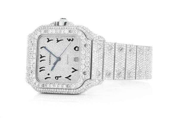 Cartier Santos VVS Diamond Men Watch, Stainless Steel White Gold Plated Arabic Men Watch For Birthday Gift