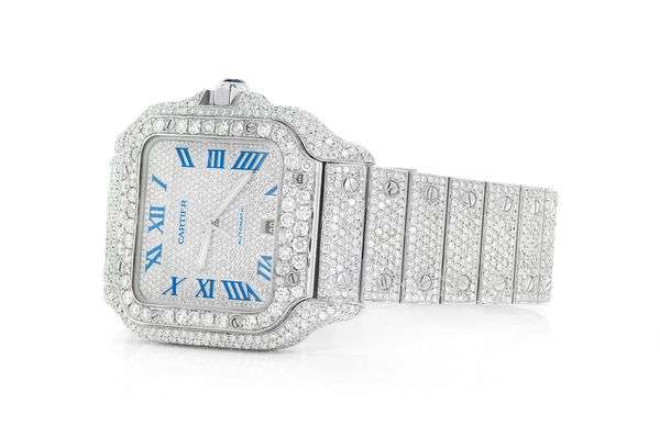 Cartier Santos VVS Diamond Men Watch, Stainless Steel White Gold Plated Men Watch For Birthday Gift