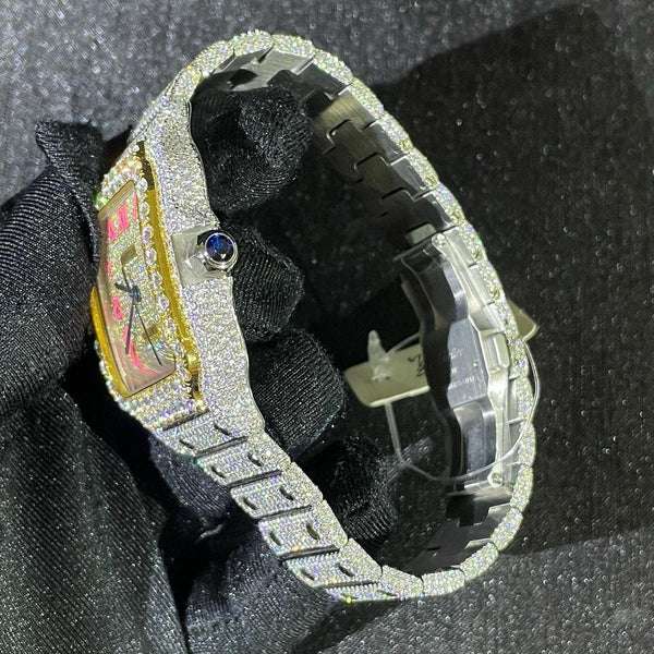 Cartier Santos VVS Diamond Iced Out Men Watch, Stainless Steel 2 Tone Gold Plated Men Watch For Birthday Gift
