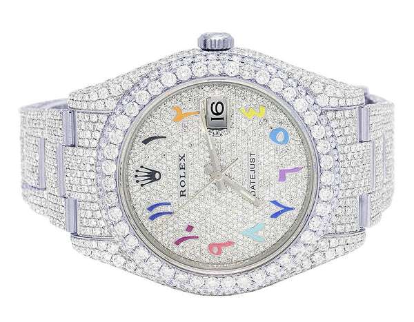 Rolex Datejust Jubilee VVS Diamond Men Watch, Black 36mm Dial White Gold Plated Stainless Steel Men Watch For Gift, Fully Iced Out Arabic Birthday Gift Watch For Him