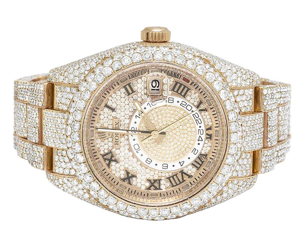 Rolex Sky Dweller Round VVS Diamond Men Watch, 42mm Dial Rose Gold Plated Stainless Steel Men Watch For Gift, Fully Iced Out Birthday Gift Watch For Him