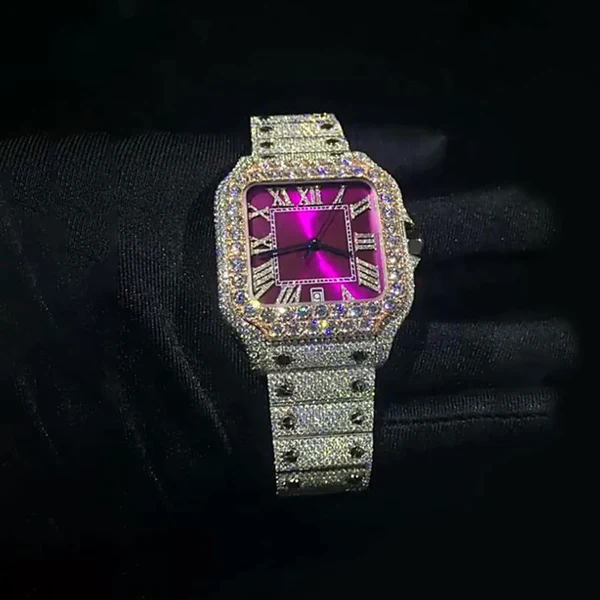 Cartier Santos VVS Diamond Men Watch, Round Customized VVS Diamond Men Wrist Watch, Stainless Steel Automatic Diamond Watch For Men