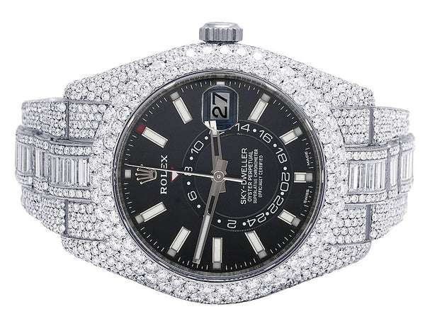 Rolex Sky Dweller Baguette & Round VVS Diamond Men Watch, Black 42mm Dial White Gold Plated Stainless Steel Men Watch For Gift, Fully Iced Out Birthday Gift Watch For Him