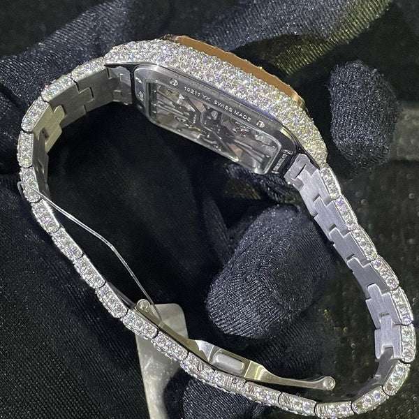 Cartier Santos Skeleton VVS Diamond Men Watch, Stainless Steel White & Rose Gold Plated Men Watch For Birthday Gift