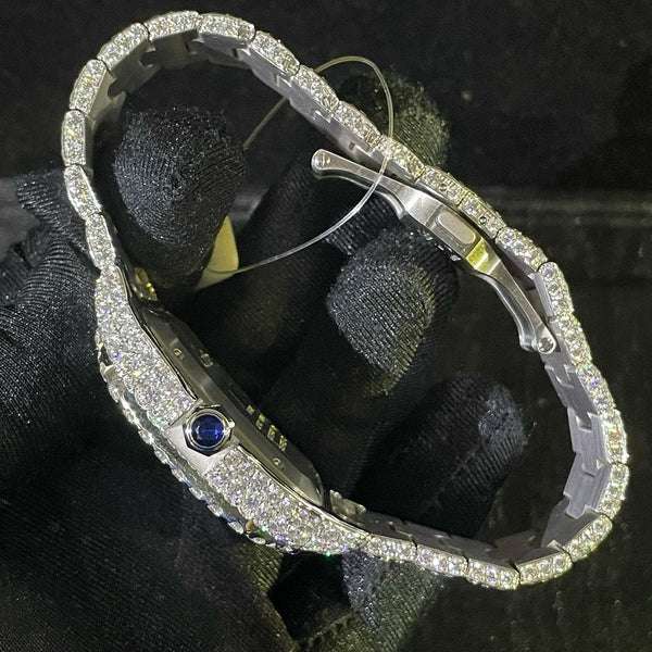 Cartier Santos VVS Diamond Men Watch, Stainless Steel White Gold Plated Roman Men Watch For Birthday Gift