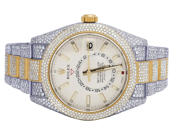 Rolex Sky Dweller Round VVS Diamond Men Watch, 42mm Dial Yellow & White Gold 2 Tone Plated Stainless Steel Men Watch For Gift, Fully Iced Out Birthday Gift Watch For Him