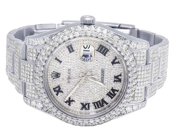Rolex Datejust VVS Diamond Men Watch, Black 40mm Dial White Gold Plated Stainless Steel Men Watch For Gift, Fully Iced Out Birthday Gift Watch For Him