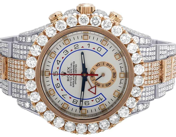Rolex Yatch Master Round VVS Diamond Iced Out Men Watch, White 42mm Dial Rose & White Gold 2 Tone Plated Stainless Steel Men Watch For Gift, Fully Iced Out Birthday Gift Watch For Him