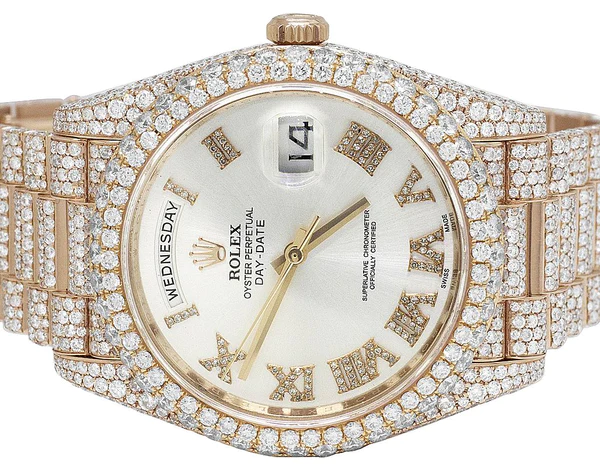 Rolex Jubilee Datejust Round VVS Diamond Men Watch, White 36mm Dial Rose Gold Plated Stainless Steel Men Watch For Gift, Fully Iced Out Birthday Gift Watch For Him