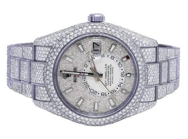 Rolex Sky Dweller Round VVS Diamond Men Watch, 42mm Dial White Gold Plated Stainless Steel Men Watch For Gift, Fully Iced Out Birthday Gift Watch For Him