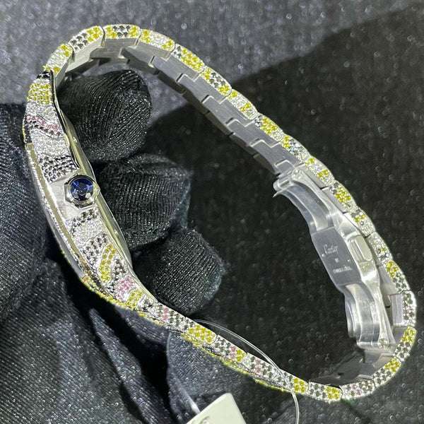 Cartier Santos Rainbow Sapphire VVS Diamond Men Watch, Stainless Steel Black & White Gold Plated Men Watch For Birthday Gift