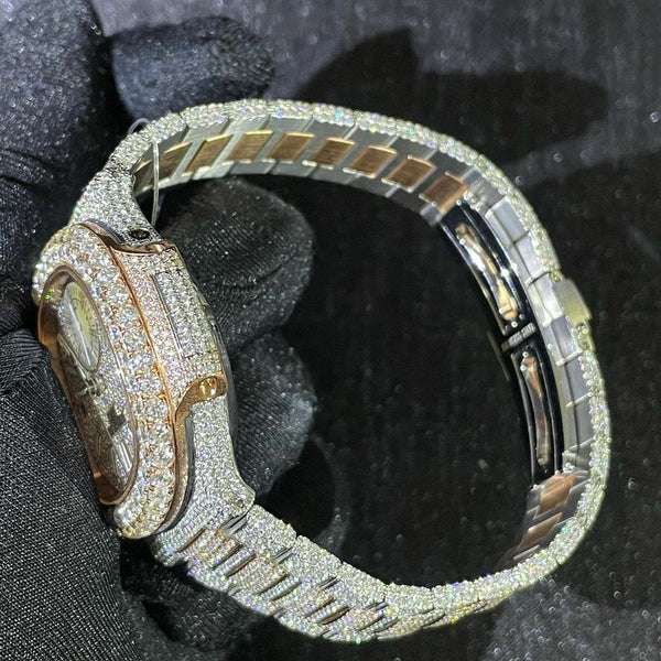 Patek Philippe Geneve Round VVS Diamond Men Automatic Watch, White & Rose Gold Plated Men Watch For Birthday Gift