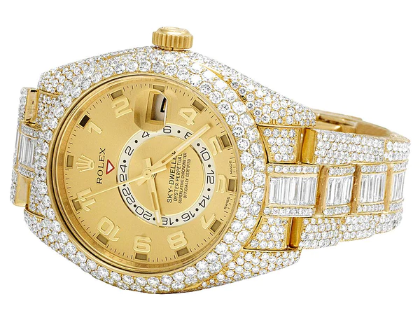 Rolex Sky Dweller Baguette & Round VVS Diamond Men Watch, 42mm Dial Yellow & White Gold 2 Tone Plated Stainless Steel Men Watch For Gift, Fully Iced Out Birthday Gift Watch For Him