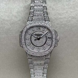 Patek Philippe Geneve Round VVS Diamond Men Automatic Watch, White Gold Plated Men Watch For Birthday Gift