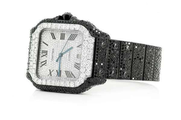 Cartier Santos Black And White VVS Diamond Men Watch, Stainless Steel Black & White Gold Plated Men Watch For Birthday Gift
