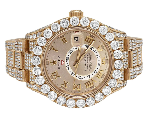 Rolex Sky Dweller Round VVS Diamond Men Watch, 42mm Dial Rose Gold Plated Stainless Steel Men Watch For Gift, Fully Iced Out Birthday Gift Watch For Him
