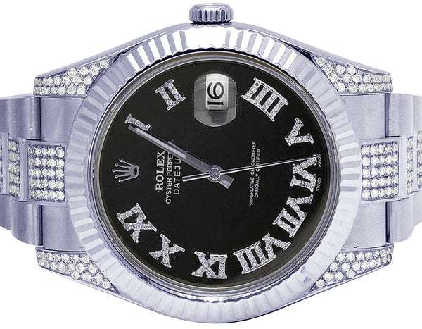Rolex Datejust Round VVS Diamond Men Watch, Black 40mm Dial White Gold Plated Stainless Steel Men Watch For Gift, Fully Iced Out Birthday Gift Watch For Him